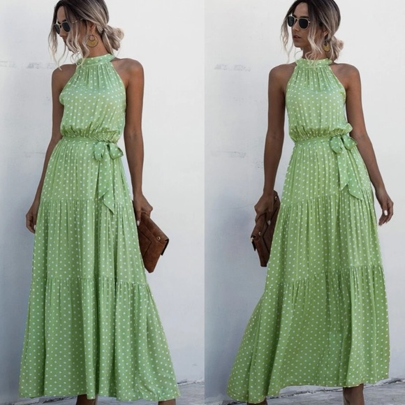 Boho green halter dot belted maxi dress - Picture 1 of 5